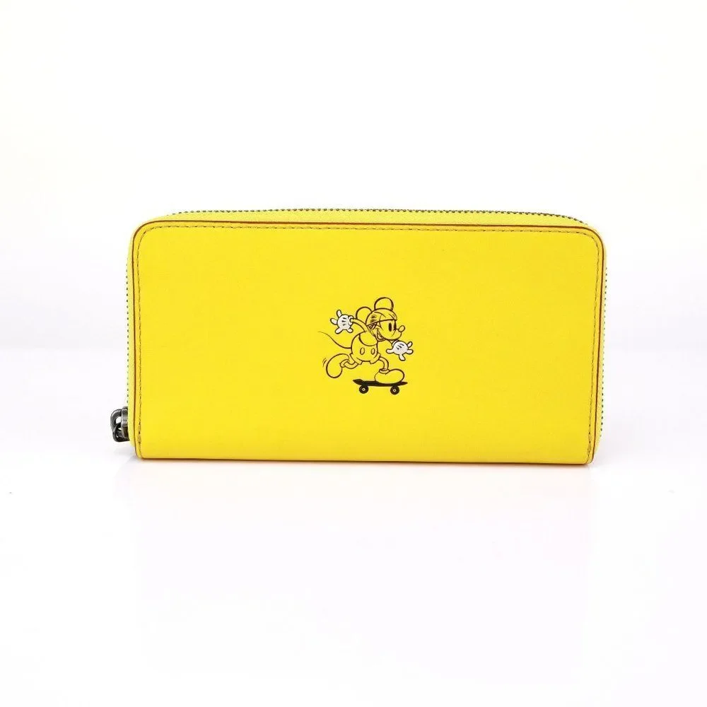 New Coach Disney Mickey Riding Skateboard Accordion Zip Wallet Banana Yellow - Picture 3 of 12